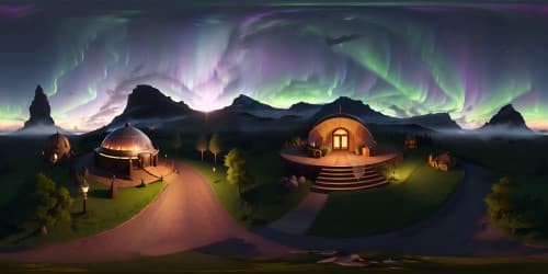 Ultra HD, masterpiece quality. Luxurious glamping dome, subtle prominence, radiating fireplace warmth. Vast VR360 view, aurora-lit grandeur. Shooting stars, borealis phenomena. Fresh, abundant snowfall, exterior visuals. Immersive VR360 scene, Pixar-style charm.