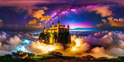 A stunning, digital fortress rises amidst a vibrant, pixelated landscape, illuminated by neon lights under a starlit sky.