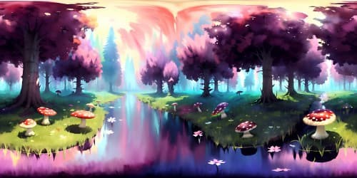 Masterpiece VR360, digital painting ID. Ultra-high-res fantasy panorama, suspended islands with mushroom forests. Colossal moons, ethereal ambiance. Huge pink sun cradled by VR360, quality mastery shown. Visual enhancements key.