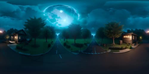 Ultra high-resolution VR360, masterpiece of Silent Hill inspired ambiance, misty landscapes, decaying structures, ominous sky overrun by dark clouds. Style: photo-realistic with a touch of horror, eerie glow from the moon. 