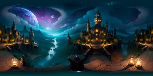 VR360 enchanted Hogwarts stone architecture, ultra-high-res masterpiece, luminescent potion vials shimmering on majestic wooden tables. VR360 chair view, magic potion classroom backdrop, fantasy art style. Enchanted ceiling mimicking night sky, magical realism elements.