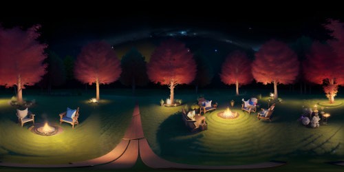 VR360 night-scape, starlit forest intricacy, VR360 home grandeur, porch spectacle, fire pit glow. Cozy ambience, ethereal celestial adornment, constellation brilliance. Pixar-style soft renderings, chromatic romance infusion, forest element abundance. Ultra HD mastery, VR360 fine-tuned delicacy, VR360 artisanal spectacle. Quality pinnacle, masterpiece creation,