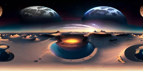 Ultra-high resolution VR360, planetscape mastery in digital painting, chiaroscuro silhouette, luminous moon backdrop, warm lunar surface glow, pearlescent moon craters VR360, masterpiece quality