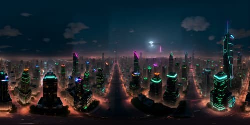 VR360 ultra-high-res panorama, future metropolis, towering smart-buildings, neon lights reflecting in transparent roads, hovering vehicles, VR360 night sky with multi-colored satellites