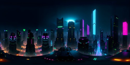 VR360 visual dominance, towering neon skyscrapers, holographic billboards. Futuristic cityscape, pixel-perfect precision. Misty ultra-high res cyberpunk aesthetic, saturated neon blues, purples. Reflective rain-slicked streets, VR360 star-speckled black sky. Sleek, high-gloss surfaces. Masterpiece digital art touch.