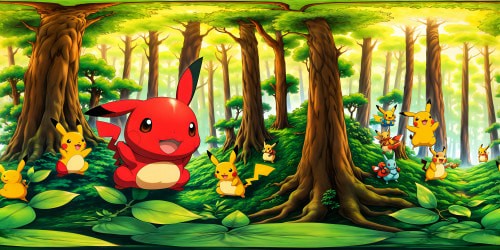 Drifting through an enchanting forest, vibrant wild Pikachus frolic amidst towering ancient trees bathed in dappled sunlight, each leaf and creature meticulously detailed in ultra-high resolution, creating a flawless, magical masterpiece.