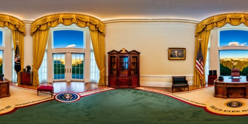 A flawlessly detailed, ultra-high-resolution depiction of the ornate White House Oval Office, featuring rich mahogany furnishings, exquisite gold accents, sumptuous velvet drapery, and gleaming presidential seal, captured in unparalleled clarity and perfection.