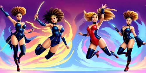 four african american women wearing leotards with red thigh high boots.  one woman has dreadlocks. one woman is topless. she has a large mace.