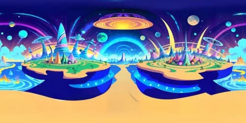 "Ultra HD, Rick and Morty alien planet style, VR360: brilliant neon fauna, unstable floating islands, odd-shaped alien plants, tentacle-like tree trunks, magnificent skyline filled with multi-saturn-like planets, distant galaxy view, psychedelic auroras. Best quality, VR360 masterpiece, vibrant and surreal."