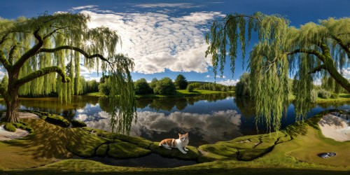 A flawless ultra-high resolution depiction of a majestic willow tree casting dappled shadows over a serene pond, a cat elegantly perched on a moss-covered branch, and a loyal dog joyfully playing in the crystal-clear waters.