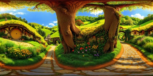 A flawless, ultra high-resolution depiction of the idyllic Shire from Tolkien's "The Hobbit," featuring vibrant rolling hills, quaint hobbit holes nestled in the lush landscape, colorful wildflowers, a winding cobblestone path, warm golden sunlight filtering through massive ancient trees, flawless details capturing the essence of Tolkien's world.