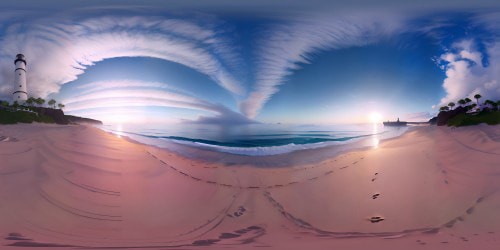 VR360 masterpiece quality, ultra high resolution. Ethereal beach, crystalline aqua waters, smooth pearlescent sands, radiant sunset melting into ocean. Distant silhouette of grand lighthouse. Style: Hyperrealism. Third-person perspective, infinite VR360 horizon.