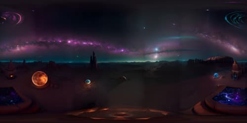 Ultra-high-res VR360, obsidian-drenched canvas. Star clusters shimmering, other-worldly glow. Realistic celestial bodies, dramatic cosmic spectacle. VR360 panorama, distant stars, gleaming far-off celestial bodies in outer-sky. Masterpiece style, subtle hints of surrealism.
