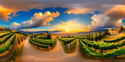 An ultra-high-resolution 16K masterpiece capturing the flawless beauty of the Tuscan countryside, featuring rolling hills blanketed by vibrant vineyards, cypress trees lining a meandering road, golden sunlight filtering through fluffy clouds, and rustic farmhouses dotting the landscape in exquisite detail.