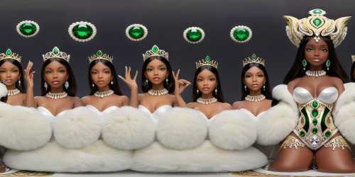 Five diverse princesses, gold accents, white fur, VR360. Photorealistic grandeur, ultra-definition. Emerald-eyed, ebony hair, pearl lip gloss, unique posture, arms raised. Focal point on underarms, lynx-like ears. VR360, remarkable rendering, artistic mastery, high-resolution impact. full 