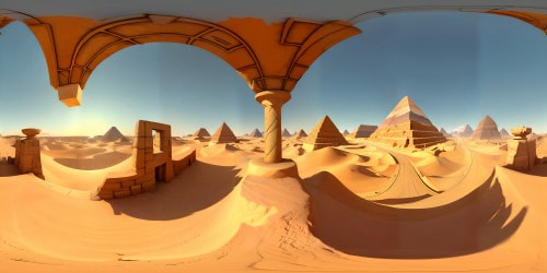 VR360, Ancient Egypt, Pixar-style, ultra-high resolution, monumental pyramids, sphinx, hieroglyphics revival. Nile's serene bends, vast golden desert, sand-swept ruins, dynamic lighting. Sun-soaked sandstone, cool-blue river contrast, VR360 masterpiece. Tasteful stylized texture detailing, tranquil sunset, immersive visuals.