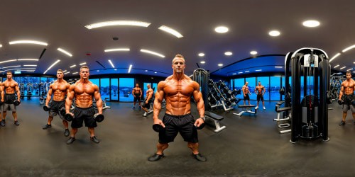 A state-of-the-art, flawlessly detailed gym interior filled with shirtless bodybuilders showcasing their sculpted physiques under vibrant, dynamic lighting, creating a visually striking scene of masculine power and dedication.