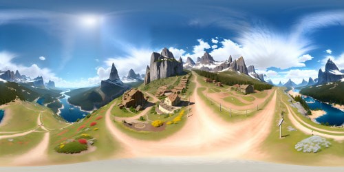 VR360 panoramic view, pristine hyper-realistic mountainscape, crisp alpine peaks, untouched snowfields. Diverse flora, detailed, high-resolution textures. Subtle color variations, visually striking contrasts. Artistic interpretation: Ultra HD digital painting, emphasis on texture detailing, masterful chiaroscuro, immersive VR360 experience.