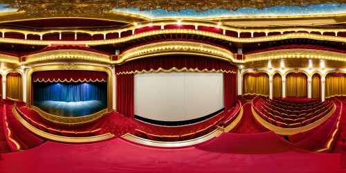 A grand opulent theater stage adorned with intricate gold leaf details, cascading velvet curtains, and elaborate chandeliers casting warm glows, with grand red velvet seats in a cascading auditorium under a starlit ceiling.