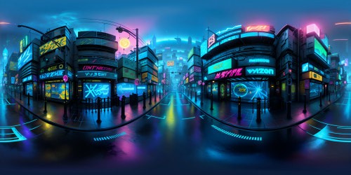 Ultra HD resolution, VR360 cyberpunk cityscape, neon-rich skyscape, towering megatall futurescapes, holographic billboards, vivid, morphing 3D graffiti. Style aspects: blurs of kinetic light trails, rain-soaked, reflective surfaces, anime-infused Pixar-style blend. VR360 masterpiece view.