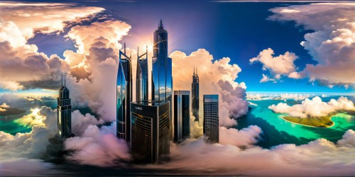 A dazzling futuristic utopia, towering silver skyscrapers piercing through swirling clouds, neon lights dancing on pristine waters, flawless ultra high resolution, an animated digital symphony of perfection.