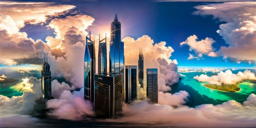 A dazzling futuristic utopia, towering silver skyscrapers piercing through swirling clouds, neon lights dancing on pristine waters, flawless ultra high resolution, an animated digital symphony of perfection.