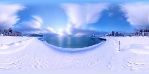 VR360 seaside panorama, pristine beach under a snowfall, ultra high-res visuals. Masterpiece-level precision, best quality VR360 snowy beachscape. Imagine fantasy art style, crystal clear snowflakes dusting the shoreline.