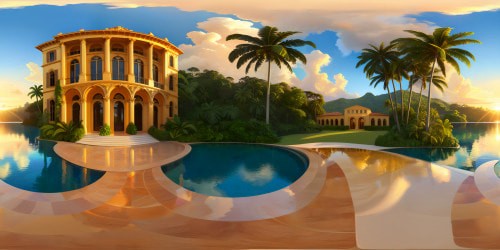 A palatial luxury estate with a radiant infinity pool mirroring the flawless azure sky, encased by verdant tropical foliage, intricate architectural elements gleaming in the golden hour glow, meticulously preserved in flawless 8K resolution.