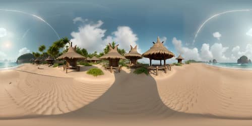 Masterpiece, ultra high-res VR360, serene Asian beach, bamboo parasols scattered, intricate sand patterns, subtle pastel shades, VR360 panoramic view, distant horizon. Watercolor-style, delicate textures, light diffusion.
