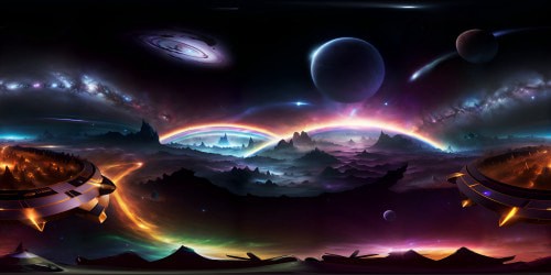 Masterpiece-inspired VR360 view, ultra-high res textures, vibrant coloration, gleaming celestial bodies, hearts of galaxies, star clusters illumination, nebulae swirling with rainbow hues, interspersed cosmic bodies, dynamic contrasts. Slick, sharp lines, impeccable detail, VR360 perception of endless cosmos.