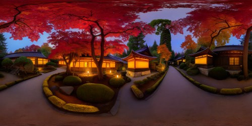 Expansively panoramic Edo period Japenese Zen garden at night, in Autumn. With cozy warm toned and glowy. Emaculately detailed landscaping. Deep warm toned color palette, with deep reds, magentas, browns, and deep orange-yellow tones. Warm feverish aesthetic.