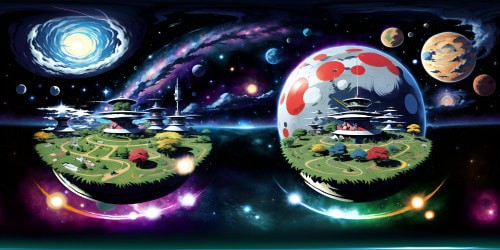 Masterpiece level, ultra-high resolution VR360 scene, intricate detailing, expansive cosmic horizon, vibrant galactic clusters, ethereal nebulae, shimmering starlight. High contrast, bold colors. Hyperrealistic, digital art style.