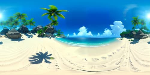 Masterpiece quality, ultra high-res Caribbean island, intricate sand patterns, lush tropical foliage. Azure ocean meeting the horizon, cotton candy clouds scattered across the sky. VR360 view brimming with vibrant, exotic flora. Pixar-style realism, soft, glowing light effects in the VR360 expanse. Tropical paradise.