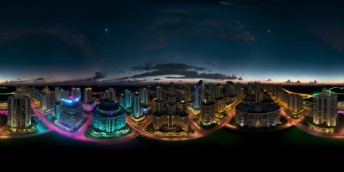 VR360 view, Cancun Mexico skyline, night, neon reflections, star-studded sky. Masterpiece-style, ultra-high-resolution, best quality. Emphasis on depth, shadows, and light contrasts. Distinctive Pixaresque style, bold colors.