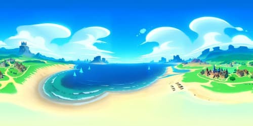 Ultra high-res VR360 panorama, Windfall Island, Legend of Zelda: The Wind Waker. Animated, cell-shaded style, WiiU remaster, vibrant color palette. Bustling town square, cartoony architecture, windmills spinning against azure sky, VR360 seascape vista. A cell-shaded gaming masterpiece.