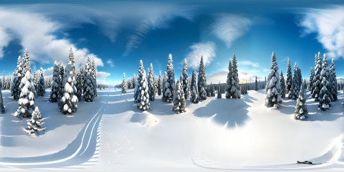 VR360: snowflake covered pine trees, icy crystal formations, white-blanketed forest floor. VR360: pristine, untouched snow, a labyrinth of frosted tree trunks. Ultra-high resolution. Style: digital realism, attention to texture contrast, visual masterpiece.