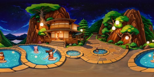 a japanese open air hot spring nestled in the mountains at night, under a starlit sky with floating lanterns, the bath is filled with many fantastical nude women of varying ages and races such as elves, dwarves, gnomes and beast women