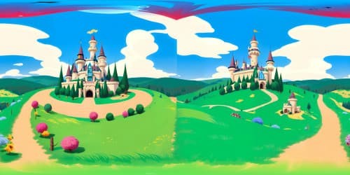 Ultra high-res VR360, Peach's Castle re-imagined as a Scottish Terrier's domain, masterpiece quality, ornate detailing, brilliant colors, Pixar-style.