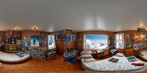 An impeccably detailed 12-year-old boy's bedroom frozen in the 1980s, featuring a collection of vibrant posters adorning the walls, a cozy bed with rumpled sheets, an array of vintage gaming paraphernalia meticulously scattered, all rendered in flawless ultra-high resolution for a true nostalgic masterpiece.