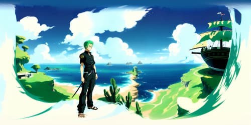 One piece character Zoro. in green hair. black eyes.  wearing pants. standing on a big ship can see the front face. smiling. BACKGROUND IS THE OCEAN