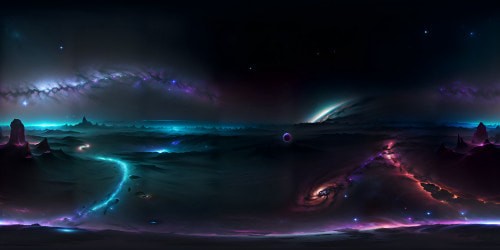 VR360 scene: Astonishing cosmic galaxies, radiant nebula clusters, ultra-high resolution. High-quality masterpiece style, VR360 view of infinite space, starlight gleaming, abstract stardust trails.