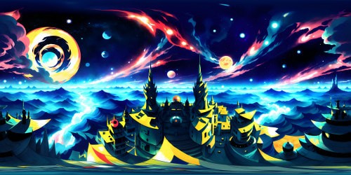 VR360 setting of celestial infinity: star-packed sky, radiant galaxies, swirling nebulas in ultra-high resolution. Picasso-esque style: cubist interpretations, bold color contrasts, abstract celestial bodies. Masterpiece quality, VR360 view, daring spatial textures.