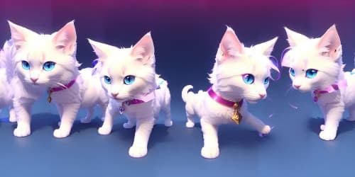 VR360 masterpiece, photorealistic, five princesses, distinctive stances, white fur attire with pink highlights. Sapphire-blue eyes, red-glossed lips, VR360 detailing, golden hair strands, polished cat ears, ultra-high resolutions.