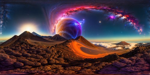 An otherworldly masterpiece, an awe-inspiring orbit around a distant, exotic alien planet, showcasing fractal terrains, gleaming iridescent crystals, violet skies merging with nebulae swirls, and volcanic peaks cutting through the cosmic backdrop, a flawless ultra-high resolution galactic wonder.