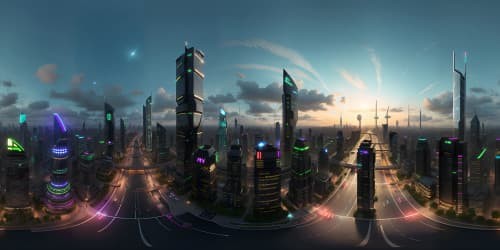 Opulent VR360 night view, futuristic megacity, luminescent skyscrapers piercing star-infused skies. Hyperrealism style, ultra high-res glass surface neon reflections, sprawling urban landscape. VR360 masterpiece, optimum quality.