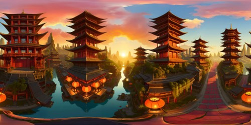 A futuristic ancient Chinese village with intricate pagodas, glowing lanterns, lush gardens, and ornate bridges under a crimson cyberpunk sunset, rendered in flawless ultra-high resolution detail, a digital masterpiece.