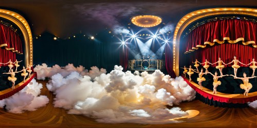 An opulent cabaret stage enveloped in luxurious velvet curtains, shimmering golden spotlights cascading over a troupe of elegantly clad dancers performing in perfect synchrony, intricate choreography captured in flawless ultra-high resolution detail.