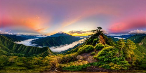 looking out across a gap in vast, densely forested hills and mountains of Japan. Lightly shrouded in patches of mist, at dawn. The sun filters soft pink and yellow light through the air. Birds can be seen flying in the distance. Calm, uplifting atmostphere.