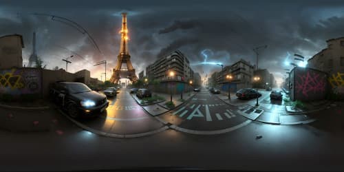 VR360 Paris war-torn streets, graffiti-covered brick buildings, remnants of gang activity. Contrast with extravagant, untouched Eiffel Tower in the distance. Ultra high-res, quality masterpiece, surreal art style.