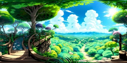 VR360 tropical rainforest, dense foliage, jeweled florals, crawling vines, unique anime style. Petite anime monkeys, lively, vivid hues, exotic anime tropical birds, splashes of radiant plumage. Masterpiece quality, ultra-high resolution scene, immersive VR360 perspective.